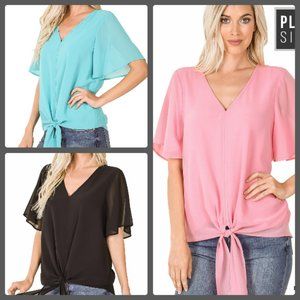 New Womens Plus Size Zenana Blue Dressy V Neck Chiffon Silky Blouse Top Shirt